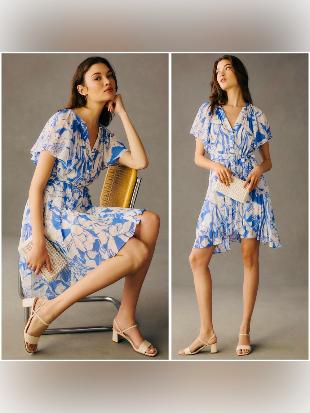 Anthropologie Blue and Cream Floral Ruffle Summer Mini Dress | M
